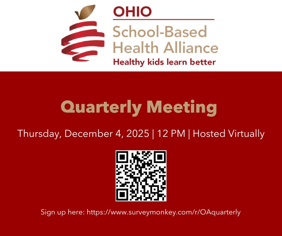 📣Calling all school-based health stakeholders! 12/4 is our last quarterly meeting of 2025! Join us at 12pm to discuss policy updates, newly launched resources from OA &amp; celebrate newly opened SBHCs. Register here: ow.ly/x69A50XA4UL
#HealthyKidsLearnBetter #OhioSBHCs