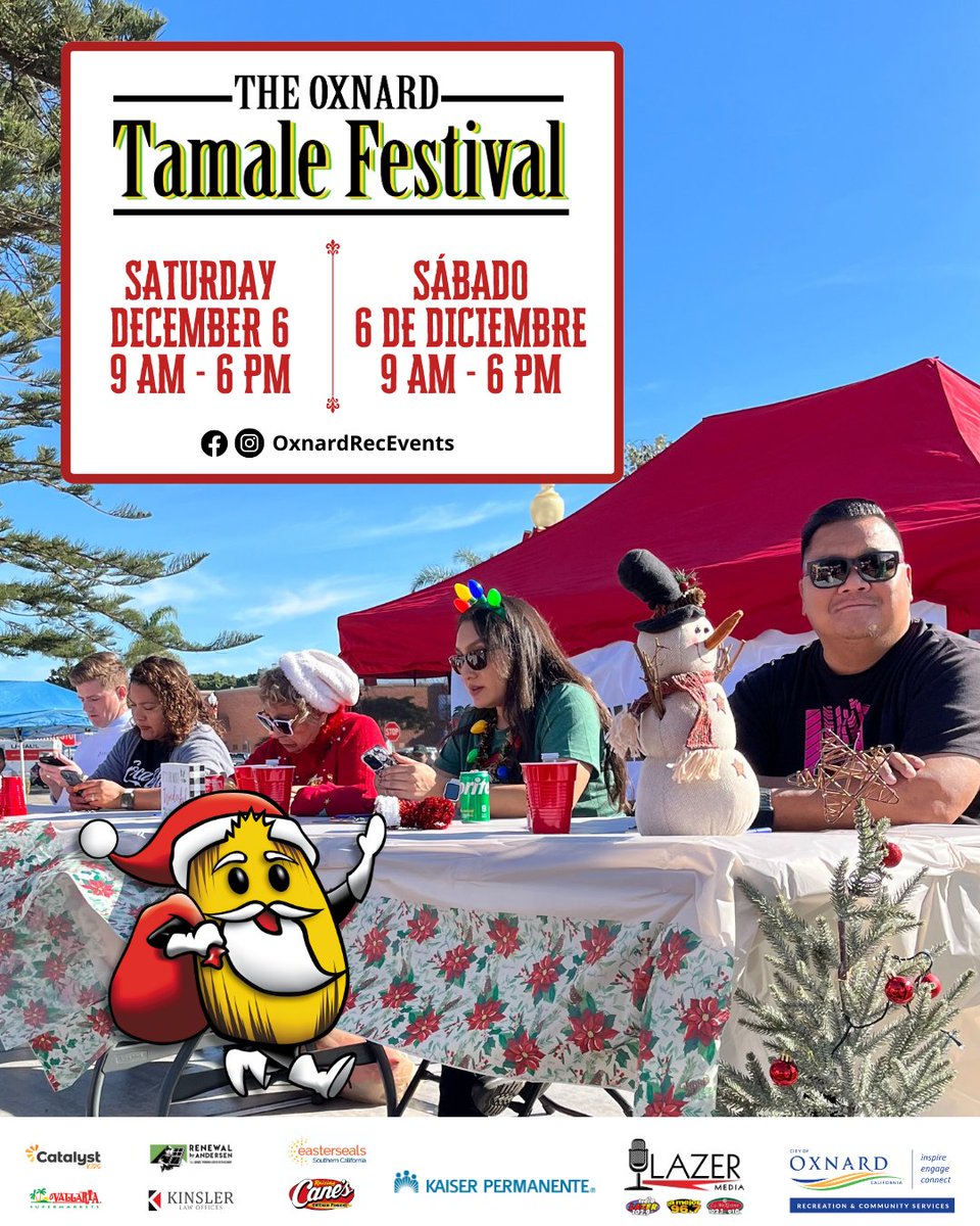 OxnardRecEvents's tweet image. Watch our talented tamale vendors go head-to-head on the Small Stage, 1–2 PM as they compete for the title of Best Tamale. 
Join us Dec 6, 9 AM–6 PM at 18th Annual Oxnard Tamale Festival for tamales, music, &amp;amp; holiday cheer!
