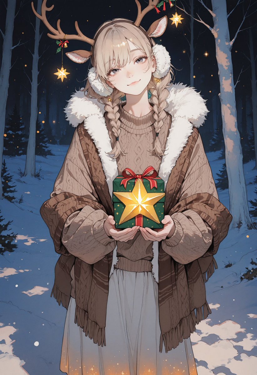 今夜もありがとうございました

今日がお休みだった私も明日からお仕事です
また寒い朝が辛くなります
今は暖かくして眠ります
それでは、また明日
おやすみなさい🥱💤

サンタ要素を入れないクリスマスっぽいイラスト☆
トナカイな女の子（シカの子ではない）
どのトナカイがお好み？
#AIart