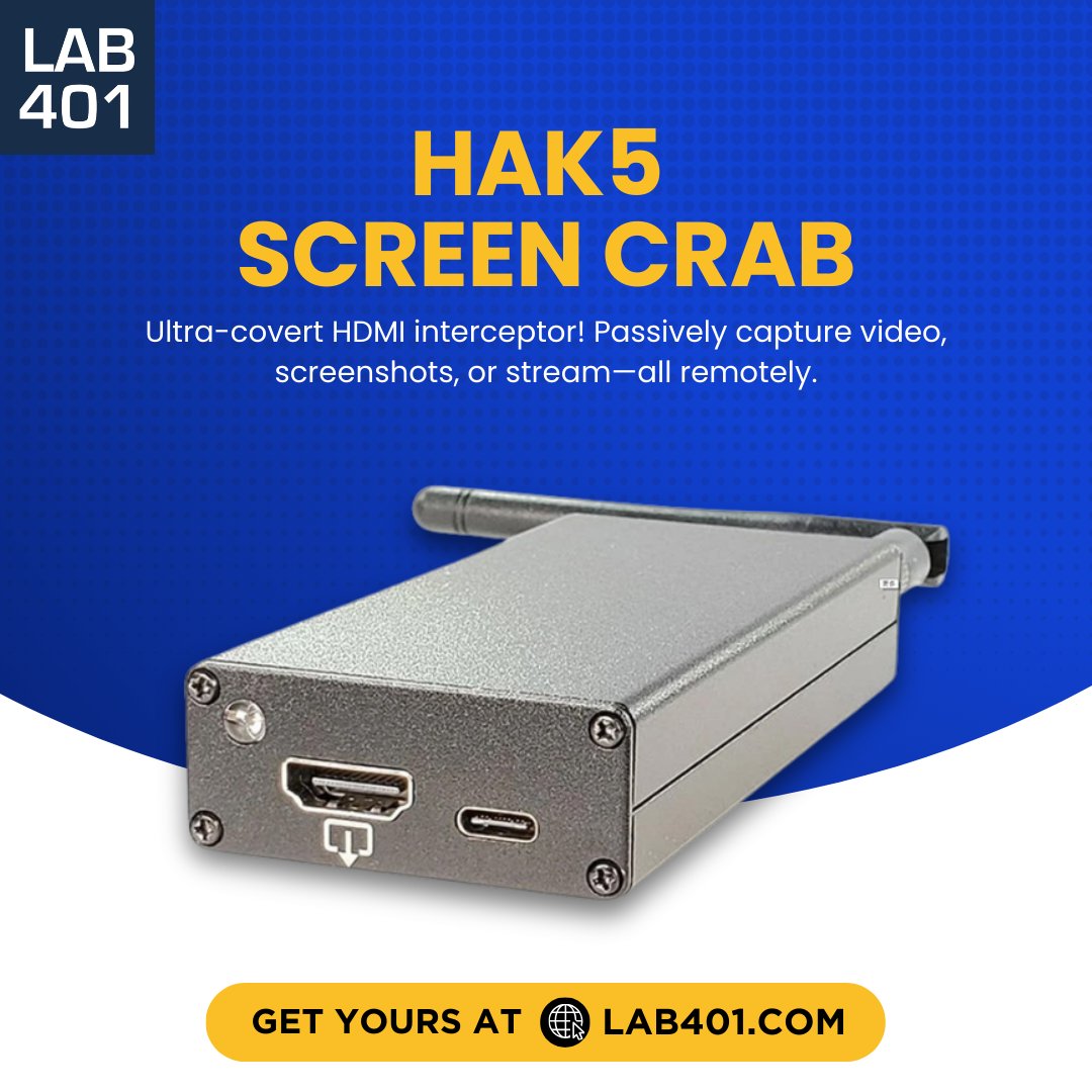 Lab_401's tweet image. 🎥 The Hak5 Screen Crab is the world’s 1st video MITM device for pentesters! Capture HDMI as screenshots, video, or stream—discreetly and powerfully. 🦀💻 l.lab401.com/0BppQ 
#Hak5 #ScreenCrab #Lab401 #Pentesting #HardwareHacking #EthicalHacking #InfoSec