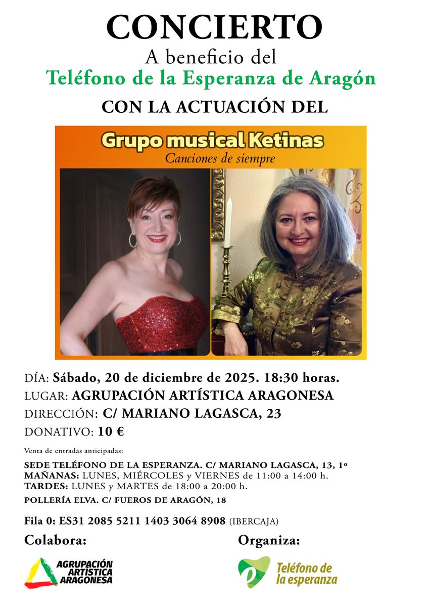 💛 Queridos voluntarios: ¡Os invitamos a un concierto benéfico muy especial!
🎵 Ketinas nos hará viajar al pasado.
📅20 dic 2025 · 🕕18:30 · 📍Agrupación Artística Aragonesa
En el cartel: horarios de adquisición de entradas y opción de Fila 0.
¡Gracias! 🤗✨