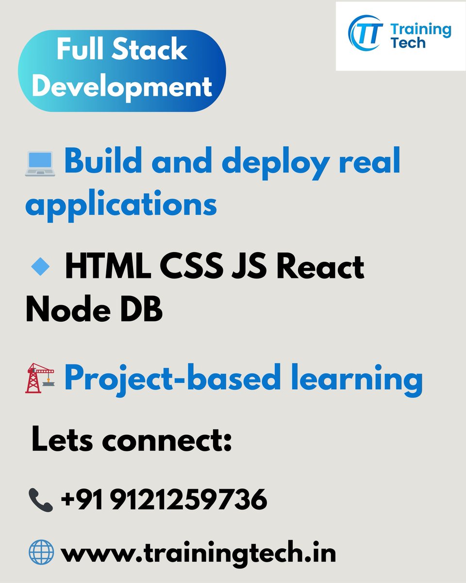 trainingtech984's tweet image. 💻 Full Stack Development
Learn HTML, CSS, JS, React, Node.js, APIs &amp;amp; Databases with hands-on projects. Become job-ready with real-world coding skills!
📞 +91 91212 59736 | trainingtech.in
#FullStackDevelopment #TrainingTech