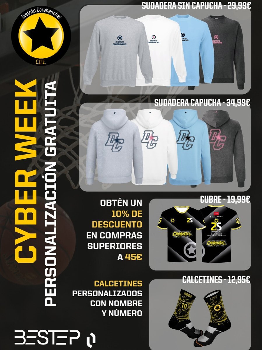 🟡⚫️ ¡Llega la #CyberWeekDC!

Estrena la equipación oficial del CDE Distrito Carabanchel en nuestra nueva tienda online (junto a BESTEP).
Sudaderas, calcetines y cubre 25º aniversario.

🛒 Compra fácil y envío a casa.
📅 Solo hasta el 15/12/2025.

➡️ bestep.es/collections/cd…