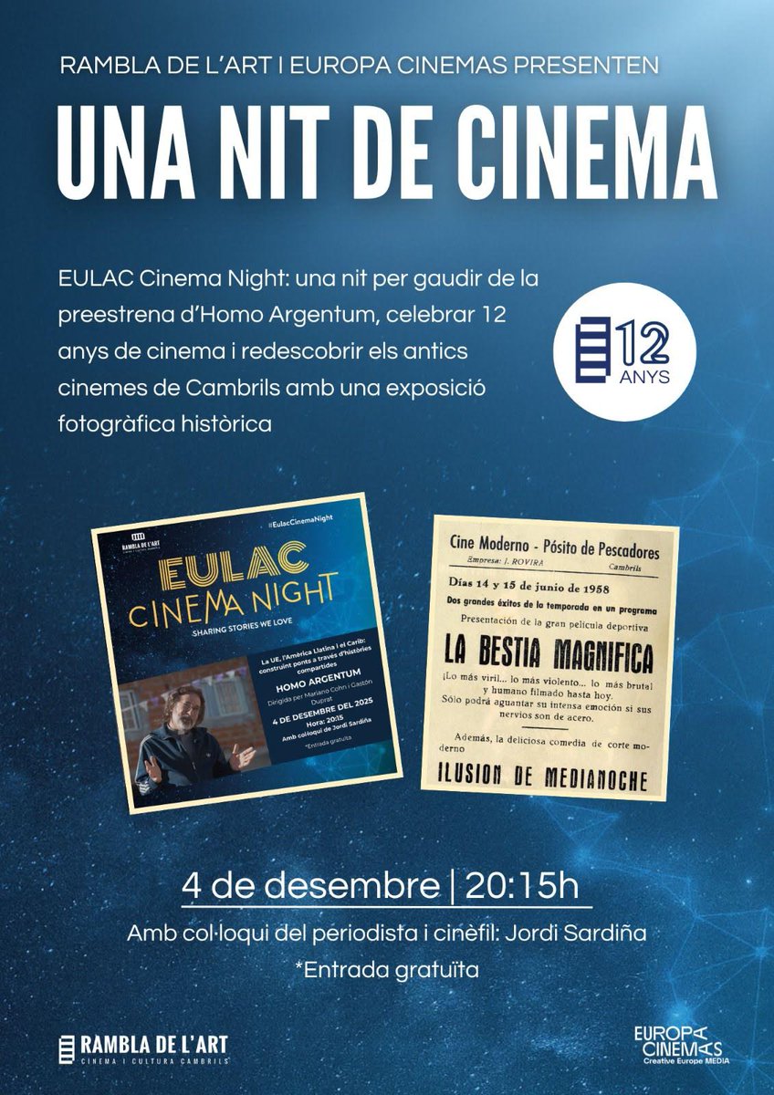 ajcambrils's tweet photo. CULTURA I 📽️ El Cinema Rambla de l’Art celebra el 12è aniversari amb la preestrena d’Homo Argentum. La projecció es realitzarà demà dijous les 20:15h.

Prèviament, s’inauguraran les millores d’accessibilitat realitzades recentment.

Més info 👉 https://t.co/3KI7QSTZLV

#Cambrils https://t.co/sefi5DnDDA