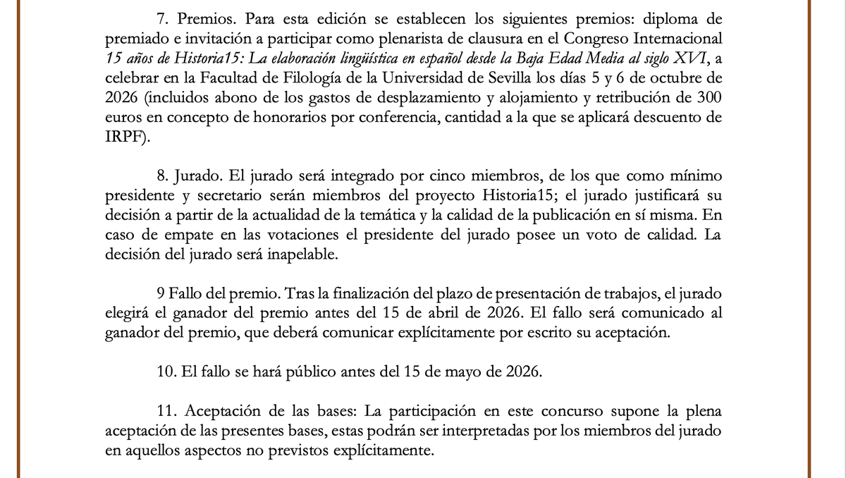 Historia152's tweet photo. Os presentamos el Premio Historia15 2025 a la publicación científica sobre la lengua española cuatrocentista: "La lengua y la cultura del XV en su historia".
@FFilologiaUS @unisevilla https://t.co/YGDkO1L8wu