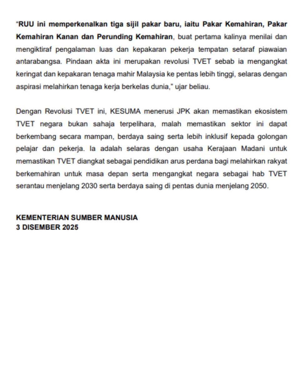 💥[SIARAN MEDIA]

SIARAN MEDIA REVOLUSI TVET PINDAAN AKTA 652 PACU PENGENALAN TIGA SIJIL PAKAR NASIONAL

Kuala Lumpur | 3 Disember 2025 | RABU
#KementerianSumberManusia #KESUMA #TVET #Akta652 #MalaysiaMADANI