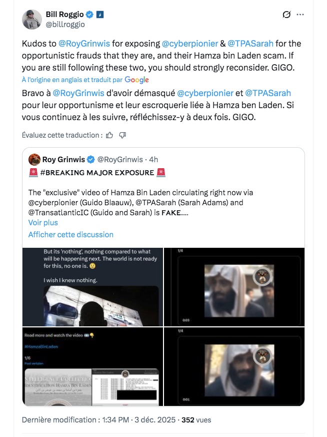 denisedetralala's tweet photo. Le rédacteur en chef du Long War Journal, @billroggio, tire lui aussi la sonnette d’alarme au sujet des comptes de #Guido_Blaauw (#cyberpionier) et #Sarah_Adams (#TPASarah). Il les accuse d’#opportunisme et d’#escroquerie dans l’affaire de la fausse vidéo de Hamza #BenLaden. https://t.co/SCz8eayrml