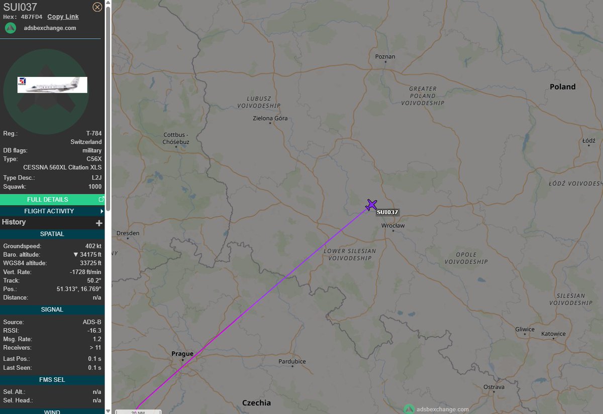 PolishMilRadar's tweet photo. 📅 03.12 🕒 14:07LT - 🇨🇭✈️ Cessna 560XL do Poznania
🇨🇭 Siły Powietrzne Szwajcarii
✈️ Cessna 560XL Citation Excel "T-784"
🛫 Berno #LSZB 🇨🇭
🛬 Poznań #EPPO 🇵🇱
#SUI037 zniża ↘️
🔗https://t.co/ZCL3kuZnWx
#POLMILRADAR https://t.co/NDWz7asrXP