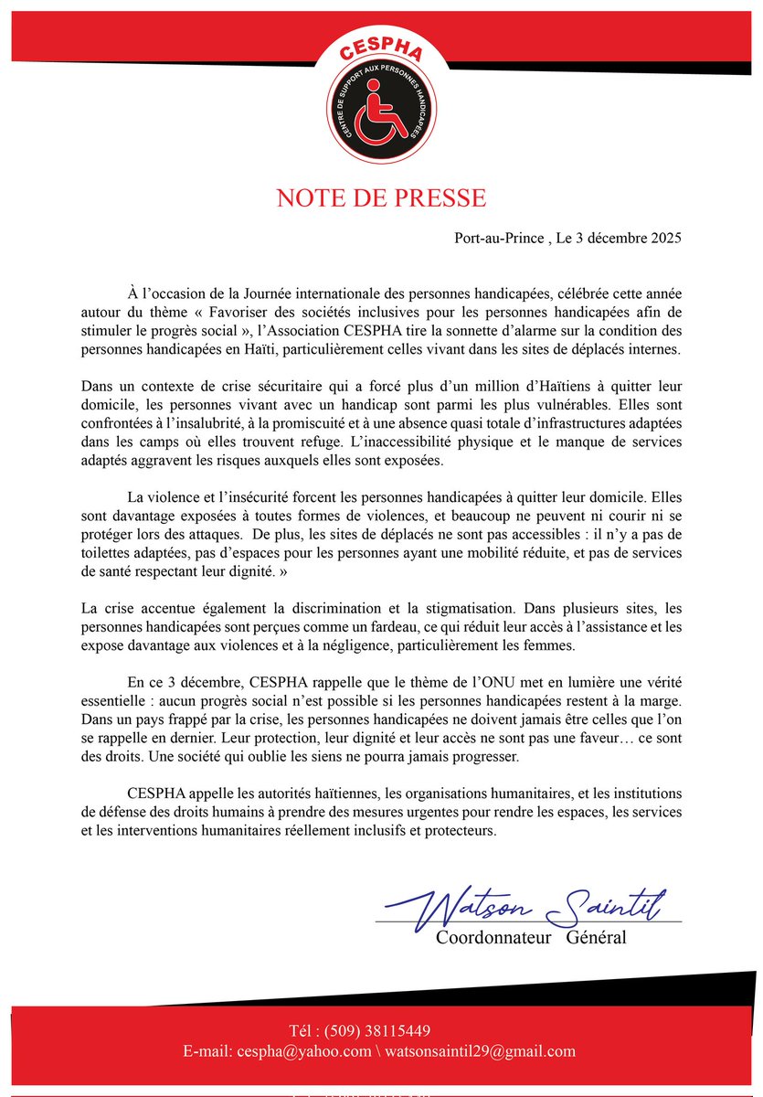 CesphaS's tweet photo. Découvrez notre note de presse officielle .#CESPHA #Inclusion #DroitsHumains #Handicap #Accessibilité #Solidarité #EngagementSocial #Haïti #Communauté #ÉgalitéPourTous https://t.co/nc7blRWjXI