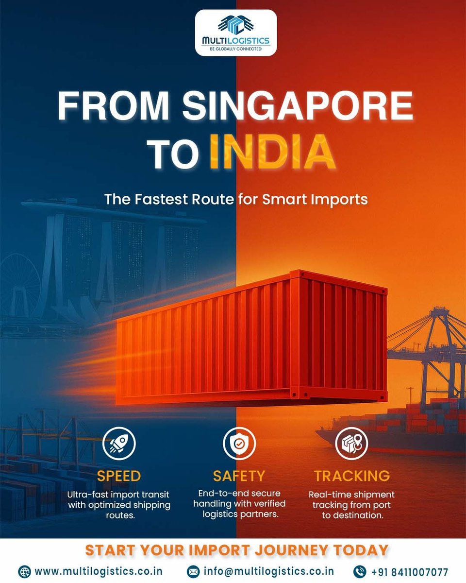 multilog22's tweet photo. Importing from Singapore to India?
Do it faster, safer &amp; smarter with Multilogistics.

Speed: Optimized routes for quick imports
Safety: Secure, end-to-end handling

Start your import journey today!
https://t.co/X3l2jl8vPq
info@multilogistics.co.in
+918411007077

#Multilogistics https://t.co/1bpRnJGVYW