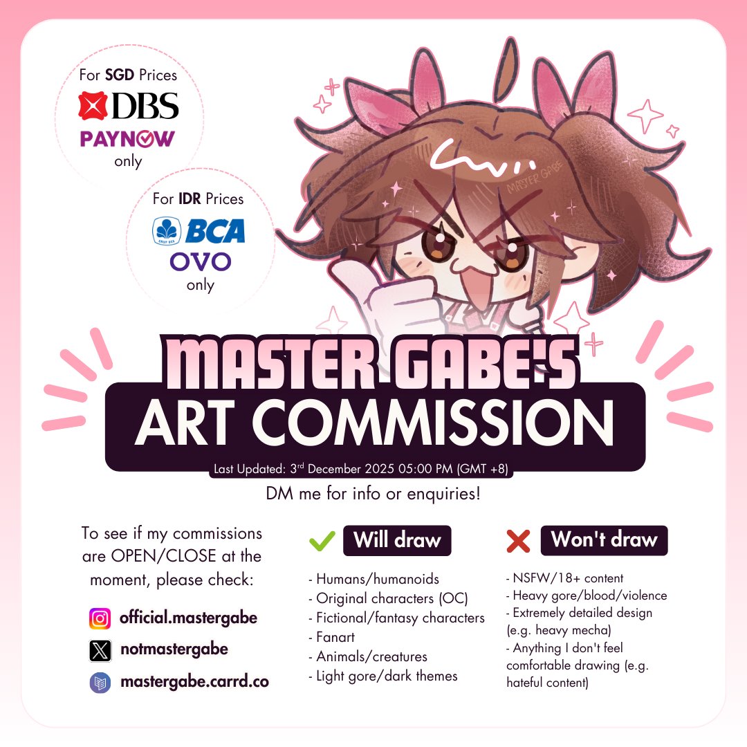 notmastergabe's tweet photo. (1/3) Officially opening up my ART COMMISSION!! 🎂🍰🍓
You can also check this commission sheet in my Carrd (link in bio)!
 #artcommission #openartcommission #artcommissionsheet #commissionopen https://t.co/b3UndFwYH4