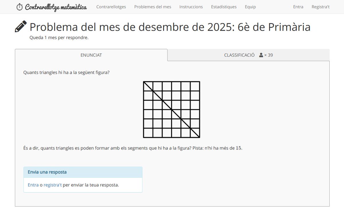 soccatmat's tweet photo. 🔍 Ja tenim el Problema del mes de desembre per a 6è!
Quants triangles veus a la figura? 👀

Participa-hi i envia la teva resposta!

👉 https://t.co/rcsb4mRheB

#Matemàtiques #Primària #ProblemaDelMes https://t.co/v3haplku9M
