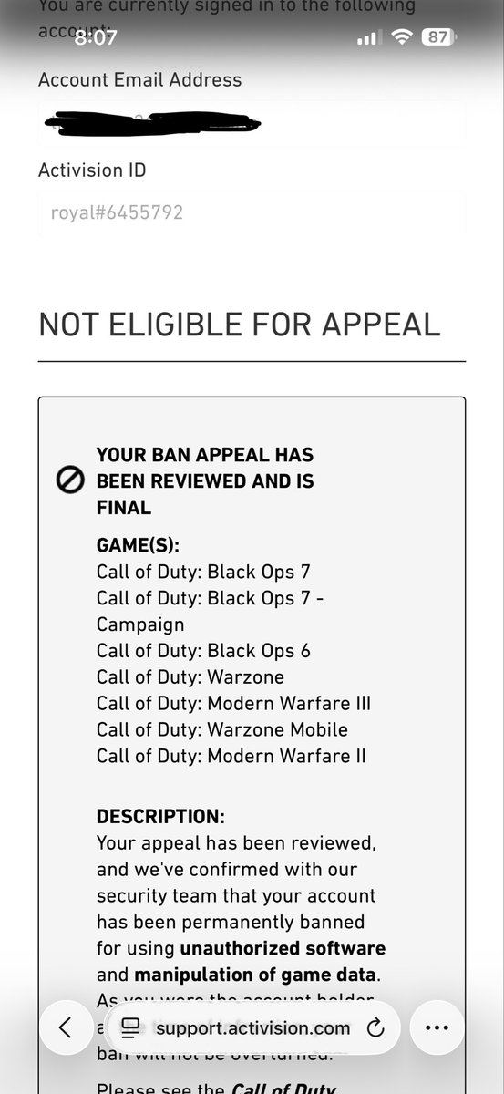 Regiium's tweet photo. @Activision @ATVIAssist got permabanned for no reason at all.. been playing cod since MW2, never once cheated, used any exploits, anything. Just finished the master camo grind for multiplayer all for nothing. Someone please help.

royal#6455792 https://t.co/UfisBQPiWD