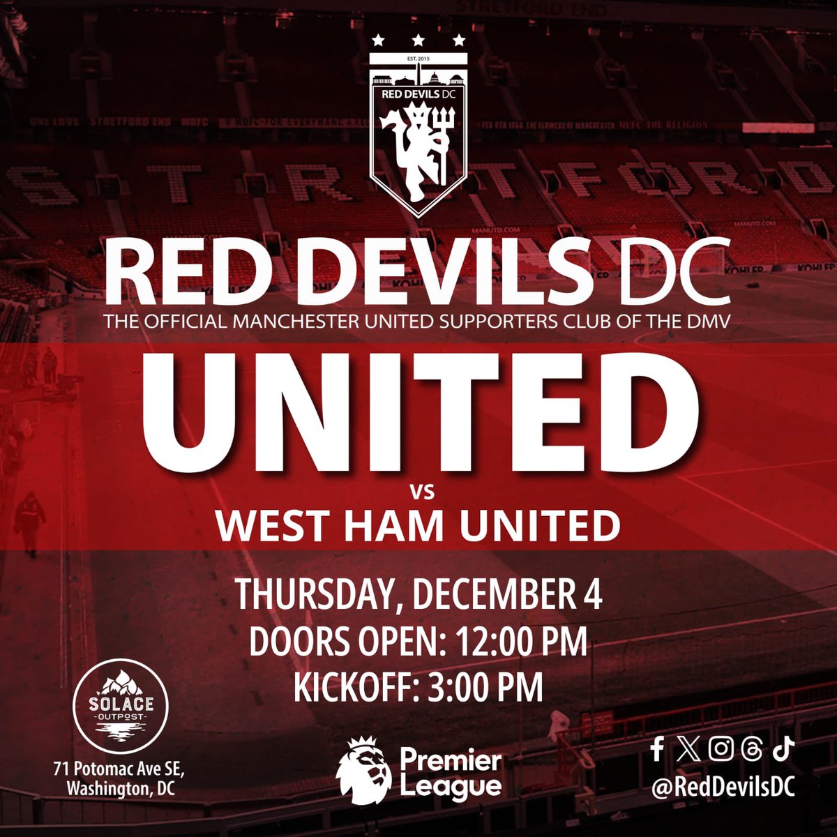 Big win last weekend. Let’s keep it going Thursday vs West Ham.

Dec 4
Doors 12 PM
Kickoff 3 PM
Solace Outpost Navy Yard

Also. Solace is hosting a World Cup draw party Friday with The American Outlaws. Five dollar pints on Artificial Light and Red Devils DC Lager.

UTFR 🔴⚪️⚫️