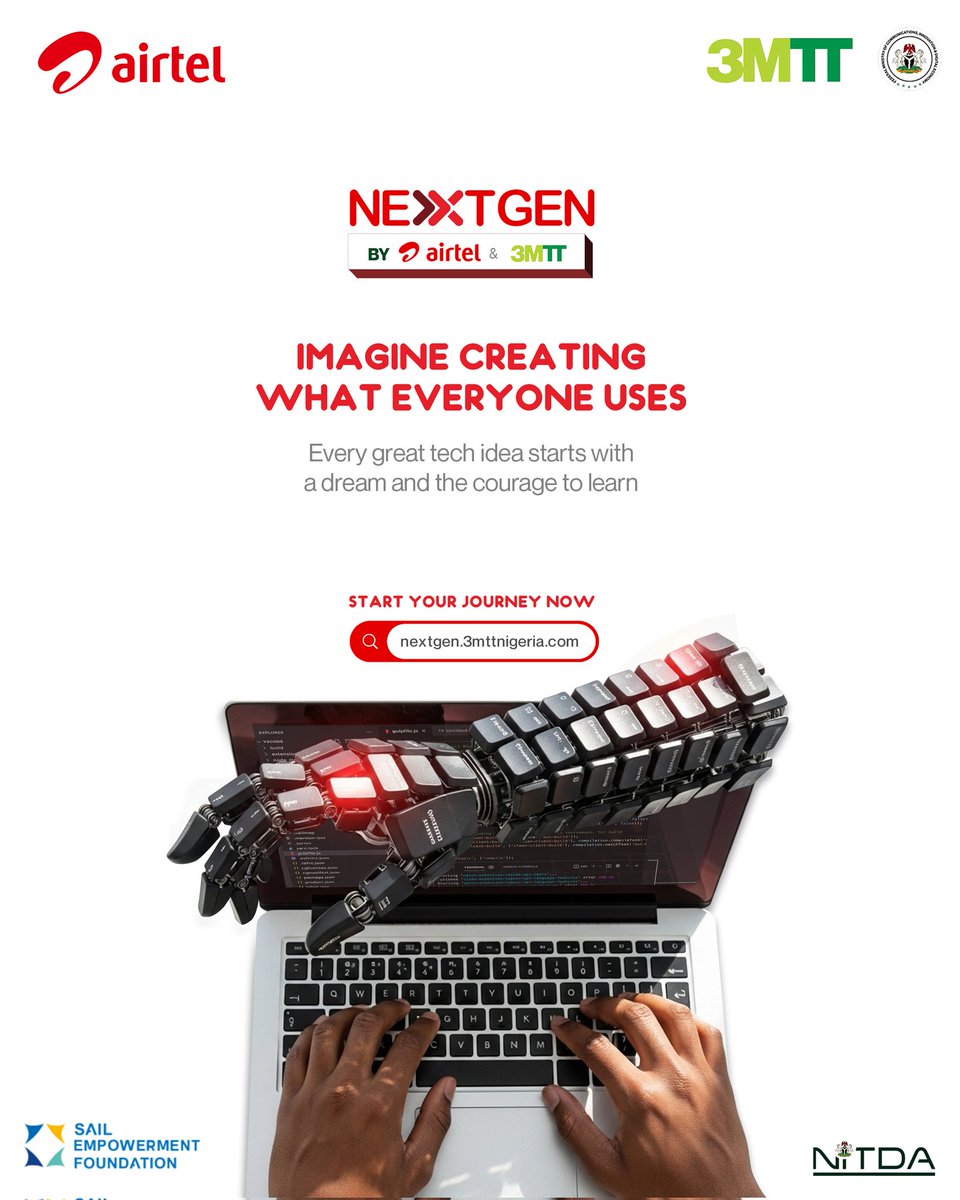 kinplustech's tweet photo. Dreaming of a tech career? The next era is here.
Airtel &amp; 3MTT just launched NEXTGEN to train 3M Nigerians in top digital skills.
Ready to build the future?
Register: https://t.co/2f5BscMxge

#kinplustech #NEXTGEN #3MTT #AirtelNigeria #TechInNigeria #DigitalSkills https://t.co/QdtbyxKknl