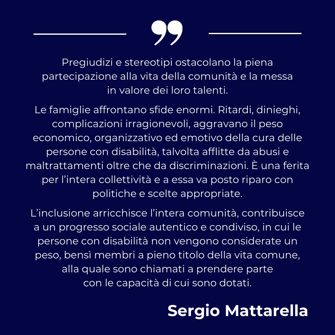 Quirinale's tweet image. Dichiarazione del Presidente Mattarella in occasione della Giornata Internazionale delle persone con disabilità

Il testo completo: quirinale.it/elementi/145291