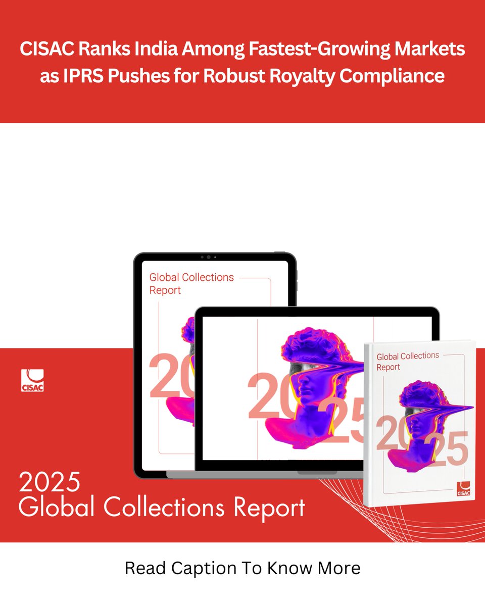 IPRSmusic's tweet photo. India is one of the fastest-growing music markets!
#CISAC’s 2025 Report shows record royalties worldwide with India surging 40.5% YoY, driven by streaming.
IPRS is now the 4th-largest society in Asia-Pacific, with digital accounting for 82.7% of its collections. https://t.co/1Mm5BtWbax