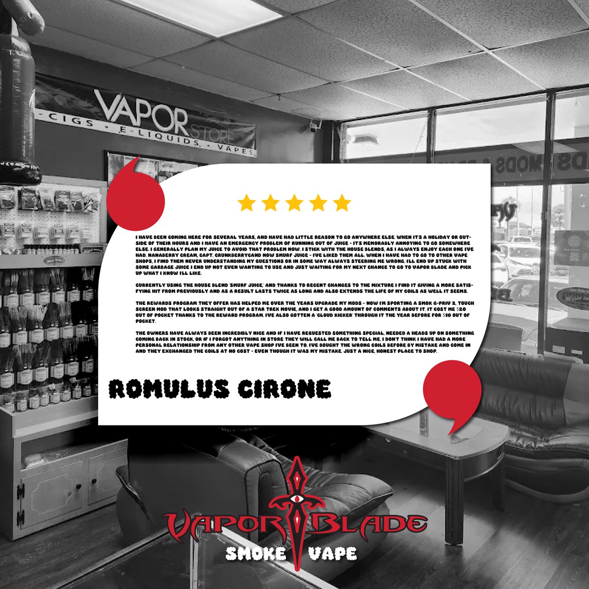 VaporBladeTM's tweet image. "Nice, honest place to shop!" Thanks for the awesome review, Romulus! Get the best service and selection, just like him. 👇

vaporblade.com

#VaporBlade #VapeShop
