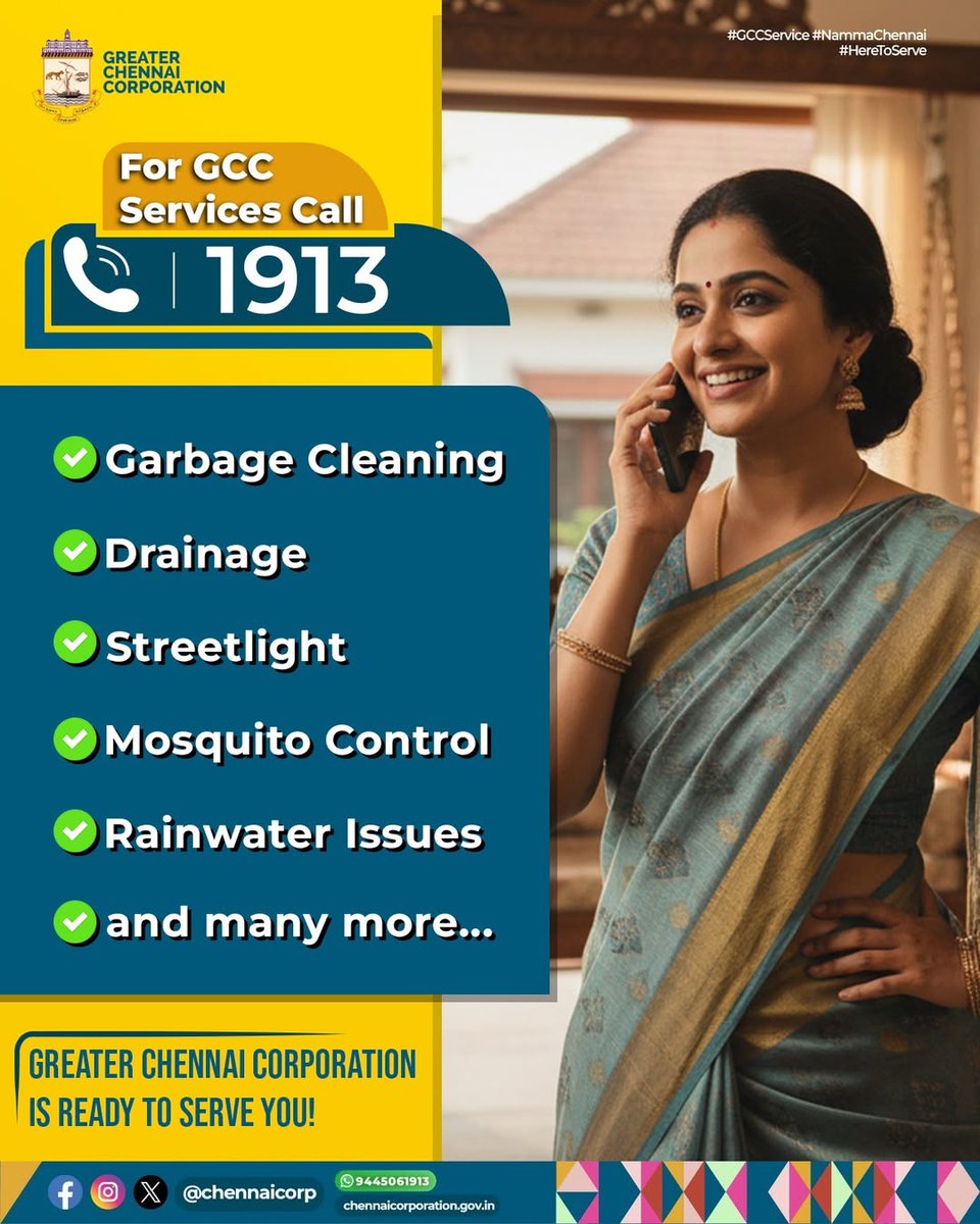 chennaicorp's tweet image. Dear #Chennaiites Call 1913 for registering your grievances. For #GCC services WhatsApp to 9445061913.

#ChennaiCorporation | #HeretoServe | #ChennaiRains | #NammaChennai