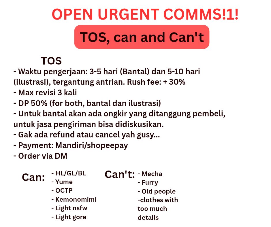 (RT + Likes are appreciated)
OPEN URGENT C💛MMS! 

Setelah kejadian gak mengenakkan tadi siang, jadi aku opkom urgent.... mohon bantuannya 🙏🏻

<a href="/CmsnArtist_Id/">Rules at Pinned 📌</a> #opencommission #art_idn #opencommissions #zonakaryaid