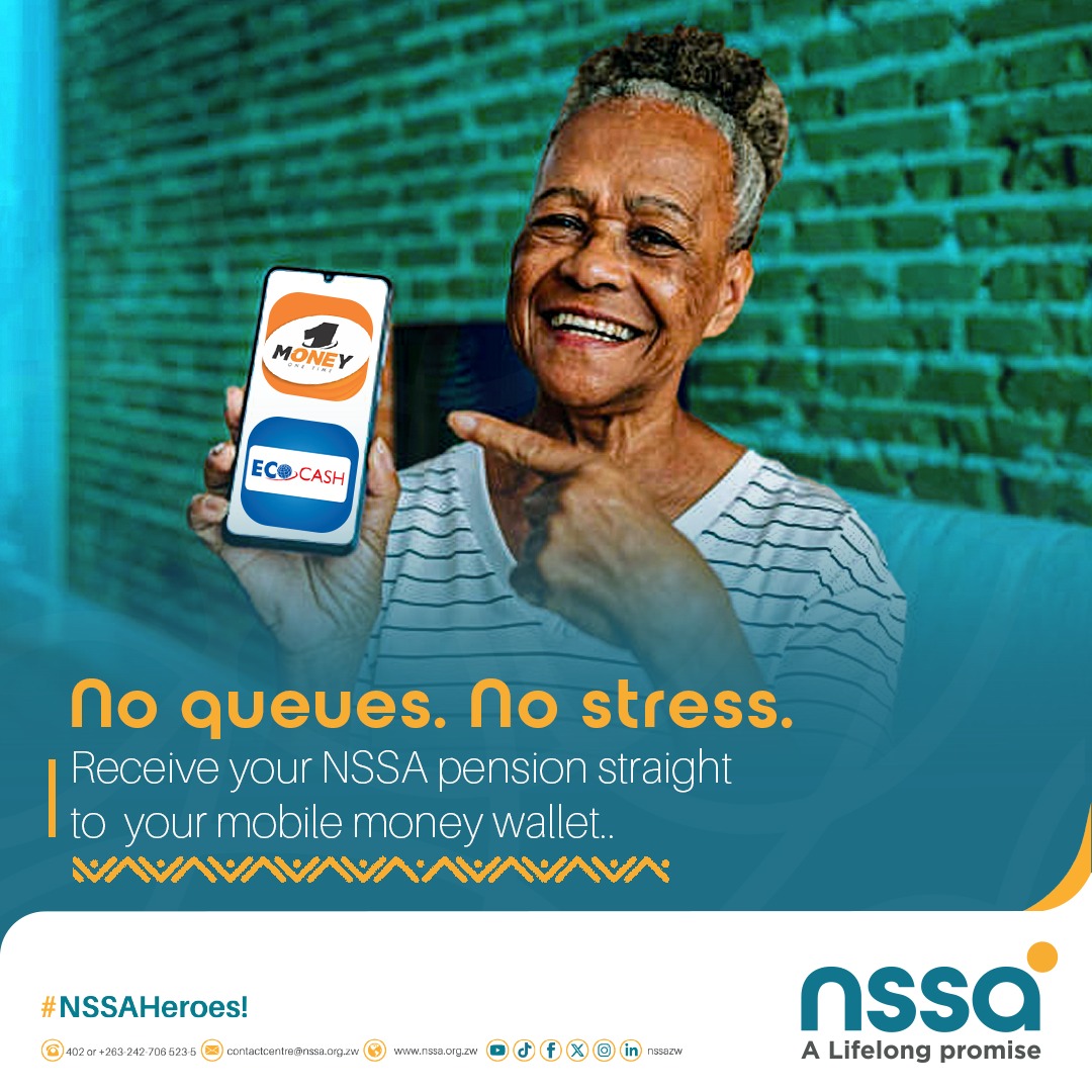 nssazw's tweet image. GET YOUR PENSION ON YOUR PHONE!
Did you know pensioners can receive payouts via EcoCash or One Money? It’s convenient and reduces travel costs.
Visit your nearest NSSA office with your Mobile Money Statement to verify your number!
#Convenience #MobileMoney