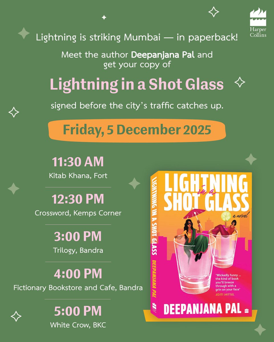 HarperCollinsIN's tweet photo. #Mumbai readers, get ready to meet @dpanjana at your favourite bookstores across the city on 5th December and get your copies signed of her dazzling new book, Lightning in a Shot Glass!
@KitabKhanaBooks @crossword_book #Trilogy #FictionaryBookstore #TheWhiteCrow
#READWithHarperCollins