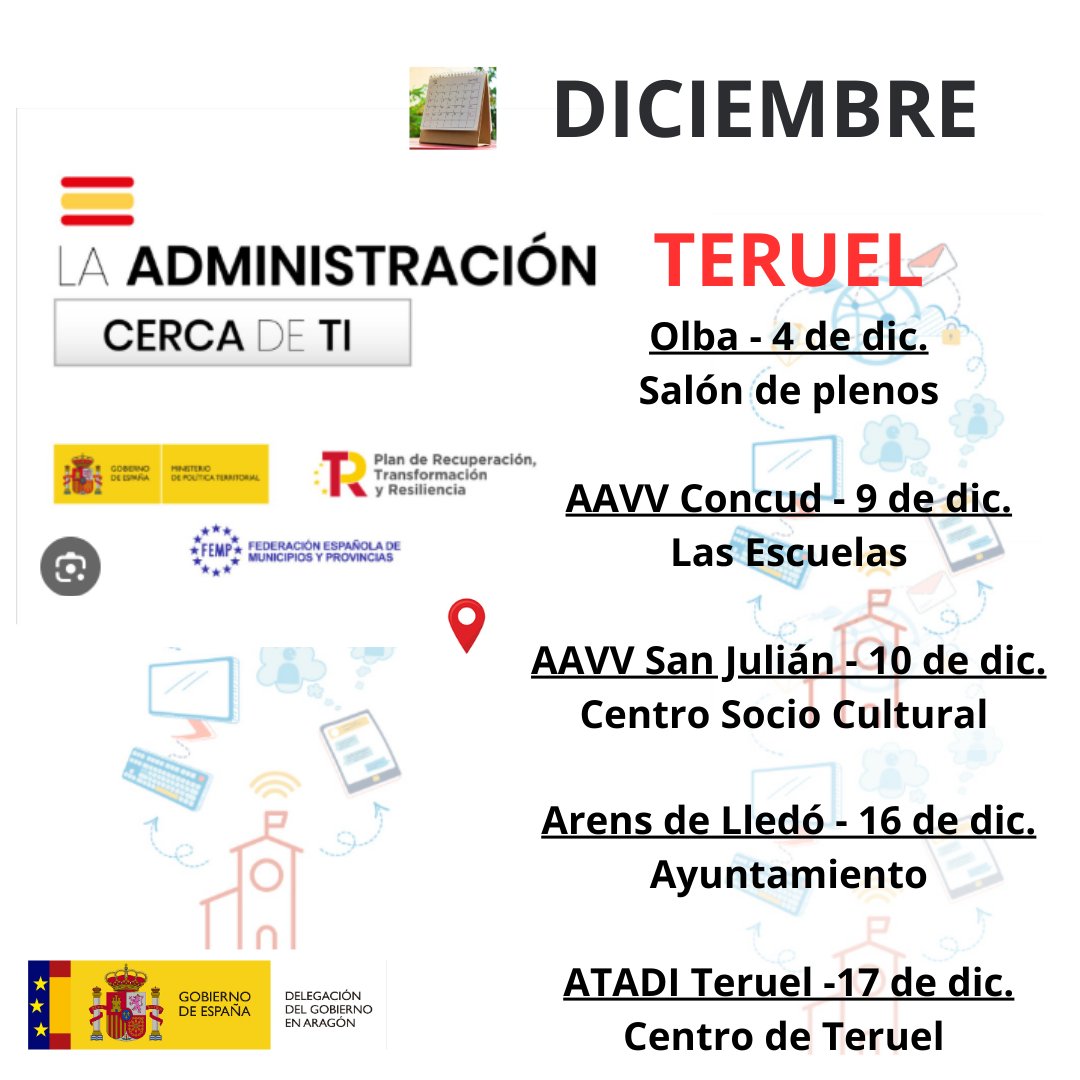 Arrancamos mes y los compañeros del servicio "Administración Cerca de Ti" de la @delgobaragon vuelven a recorrer las localidades aragonesas.
💻Podrás conseguir sin moverte de tu localidad:
📱certificado digital
📱cl@ve

👨‍💻Apunta el calendario si vives en la provincia de Teruel