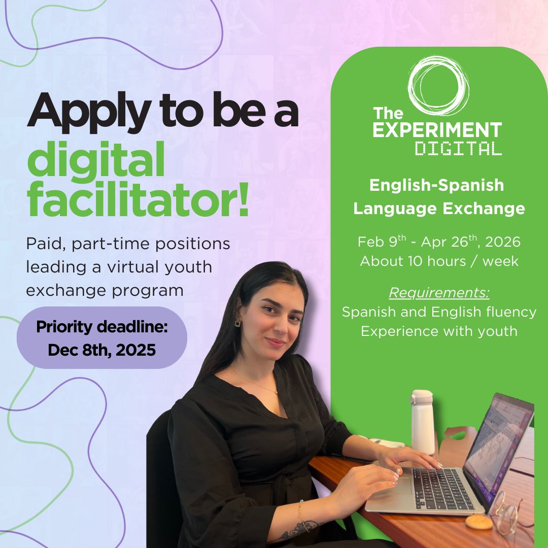 opportunitiesfy's tweet image. 🚨 Now hiring bilingual (EN/ES) facilitators! The Experiment Digital needs part-time remote staff for its 2026 virtual exchange. Paid training included.
🗓️ Deadline: Dec 8, 2025 📝 Apply: wp.me/p23f03-hJh
#Hiring #RemoteJob #Bilingual #EducationJobs