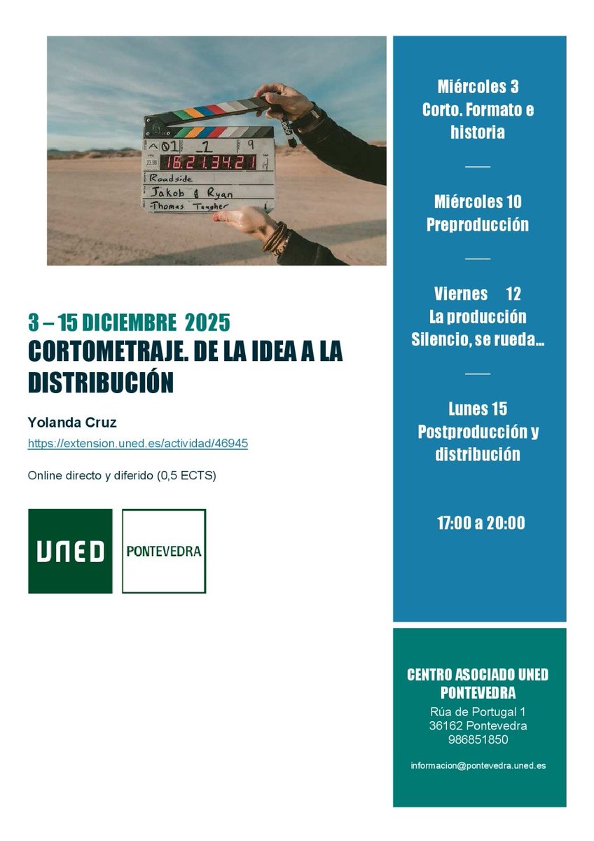 Desde hoy y hasta el 15 estamos con el curso sobre cortometrajes en @uned_pontevedra (0,5 ECTS)
Aquí os comparto el programa y el enlace 
extension.uned.es/actividad/46945