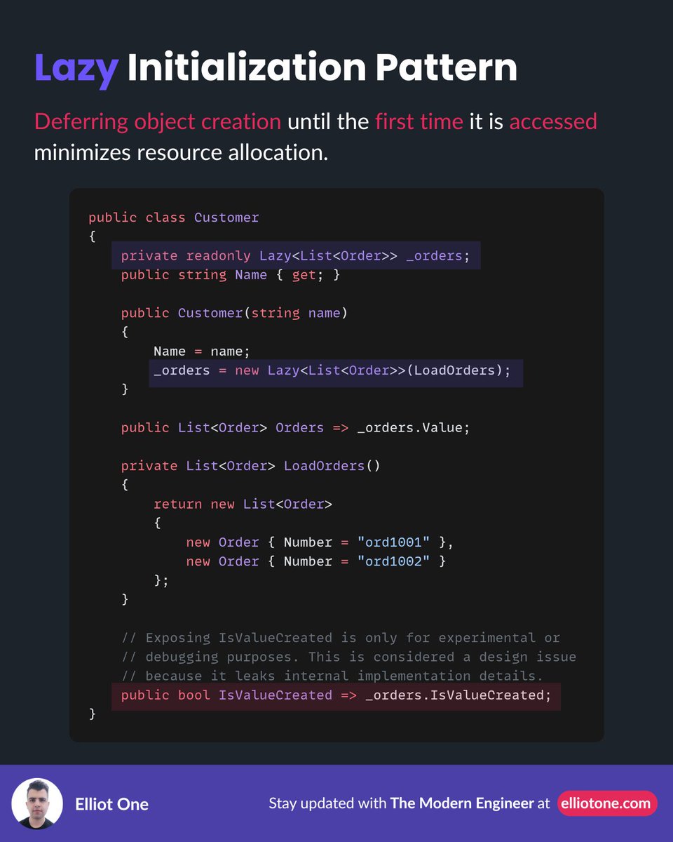 elliot1one's tweet image. Boost efficiency with Lazy Initialization! 🚀

Create objects only when needed. 

Save memory, speed up apps, and avoid heavy operations. 

In .NET, use Lazy&amp;lt;T&amp;gt; for thread-safe, on-demand object  creation.

#dotnet #csharp #coding #programming #technology #tech