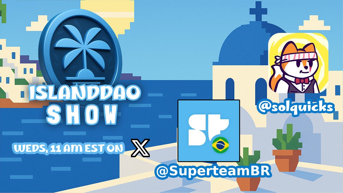 Today, in less than three hours, we go live with our host <a href="/solquicks/">quicks | Solflare</a> for a very special episode for The IslandDAO Show - ep 07. 🏝️

<a href="/SuperteamBR/">Superteam Brasil</a> is joining us for a BIG announcement, tune in! 

Link 👇
