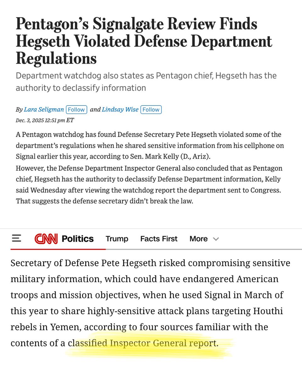 SteveGuest's tweet image. BREAKING: In an effort to own Secretary of War Pete Hegseth over Signalgate, looks like Democrat Sen. Mark Kelly leaked classified information to the Wall Street Journal.

Last I checked, leaking classified info was bad. Will Sen. Kelly face any consequences?

Per CNN, the IG…