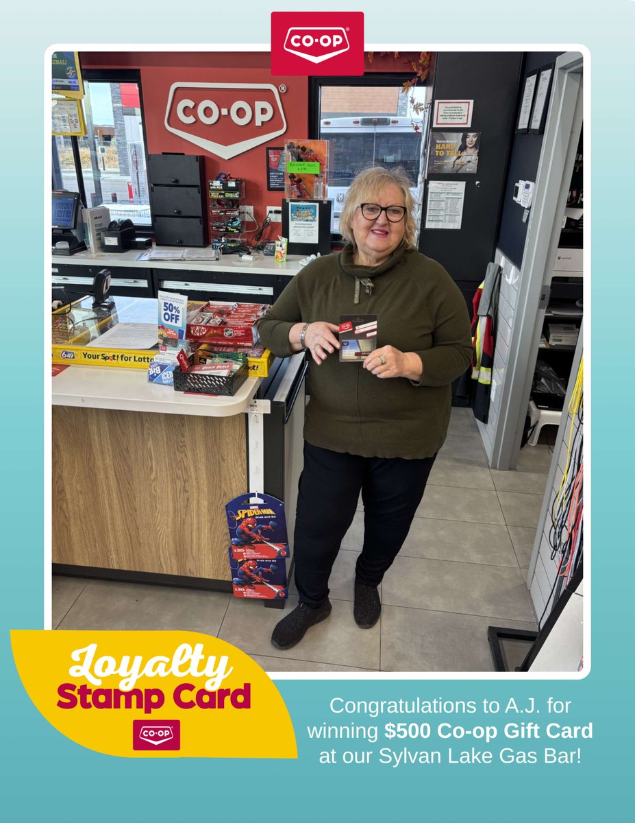 centralabcoop's tweet image. A big congratulations to A.J. for winning a $500 Co-op Gift Card at our Sylvan Lake Gas Bar! Thank you to everyone who joined our Loyalty Stamp Card program. 

Stay tuned for more excitement and fun!

 #SylvanLake #LoyaltyRewards #CentralAlbertaCoop
