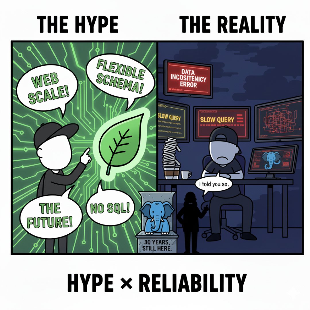 itsmzift's tweet image. MongoDB: &quot;NoSQL is the future!&quot;

3 months later: &quot;Why is my data inconsistent?&quot;

Then they migrate to PostgreSQL at 2 AM.

Postgres: Boring, reliable, 30 years

MongoDB: Exciting, breaks in production

You have 47 users. Use Postgres.

#Database #MongoDB #PostgreSQL #webdevs