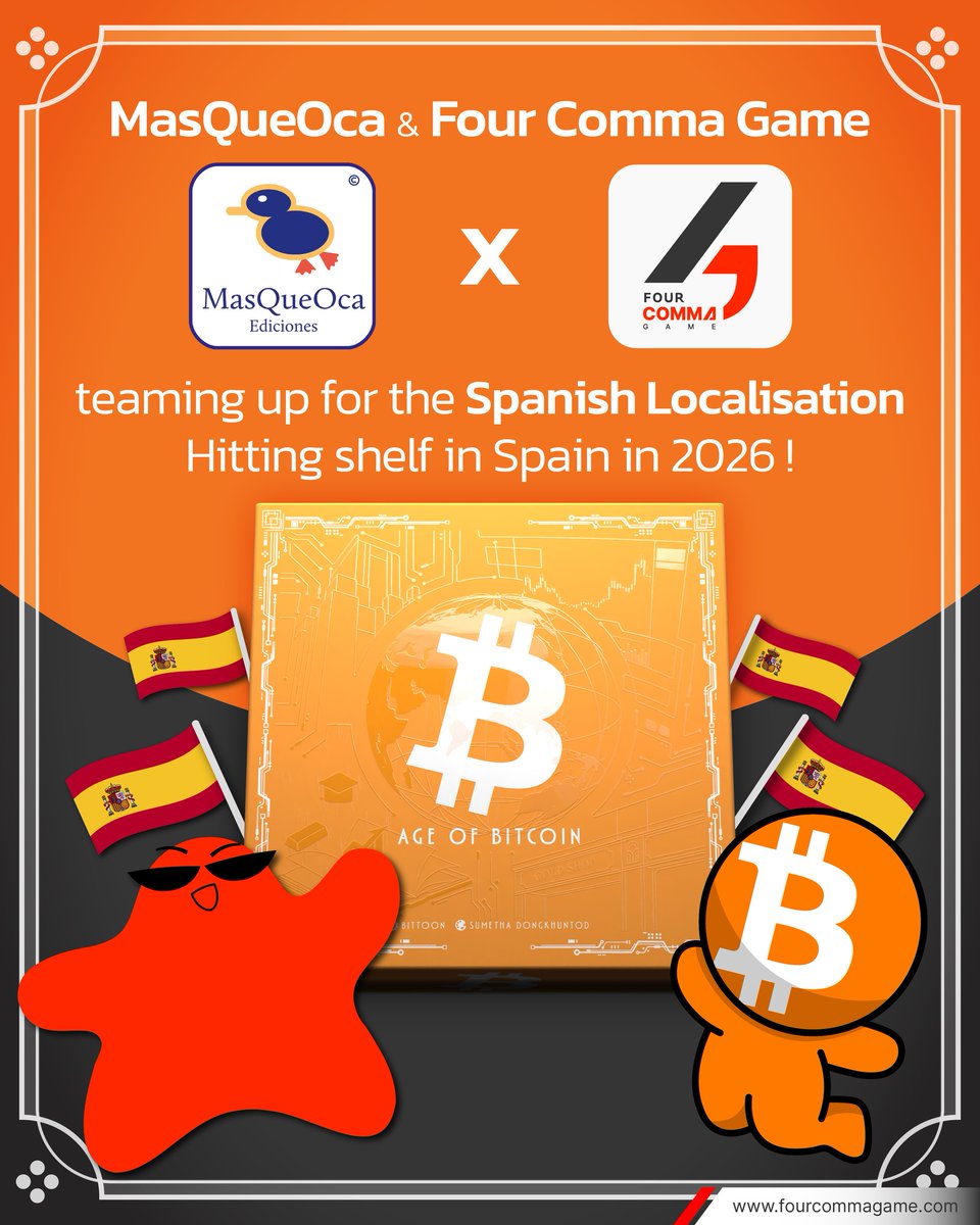 🇪🇸 #AgeOfBitcoin - #Spanish Edition!🎉

Thrilled to announce our partnership with <a href="/MasQueOca/">MasQueOca</a> to bring the #boardgame "Age of #Bitcoin" to Spanish-speaking players!

📘 The localisation is officially underway.
🛒 Hitting shelves in Spain in 2026!

🇪🇸 ¡Hola España! 😎

#boardgames