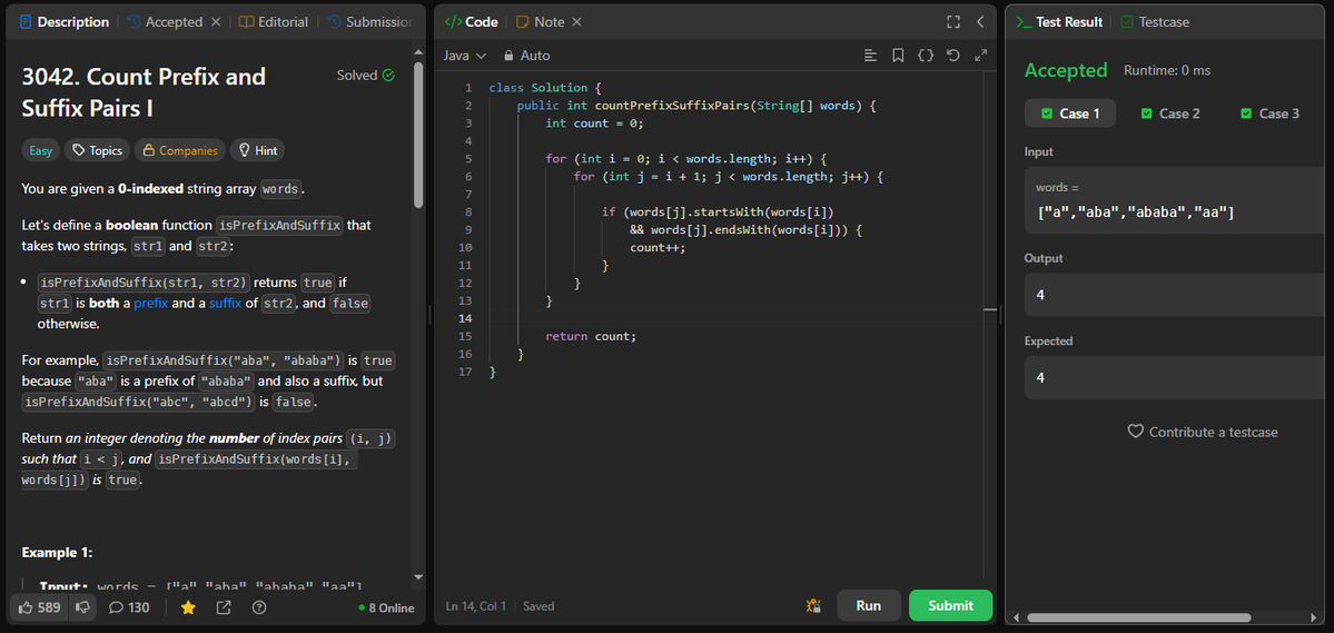 coder_s_Snippet's tweet image. #DailyCodingChallenge
Day 262
Task: Count how many word pairs exist where one word is both a prefix and suffix of another.
Solution: For every pair (i, j) with i &amp;lt; j, check if words[j] starts and ends with words[i]. If yes, count it.
#LeetCode