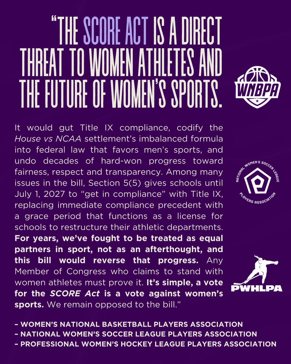 The players assocations for the WNBA, NWSL, and PWHL have issued a letter of opposition to the SCORE Act.