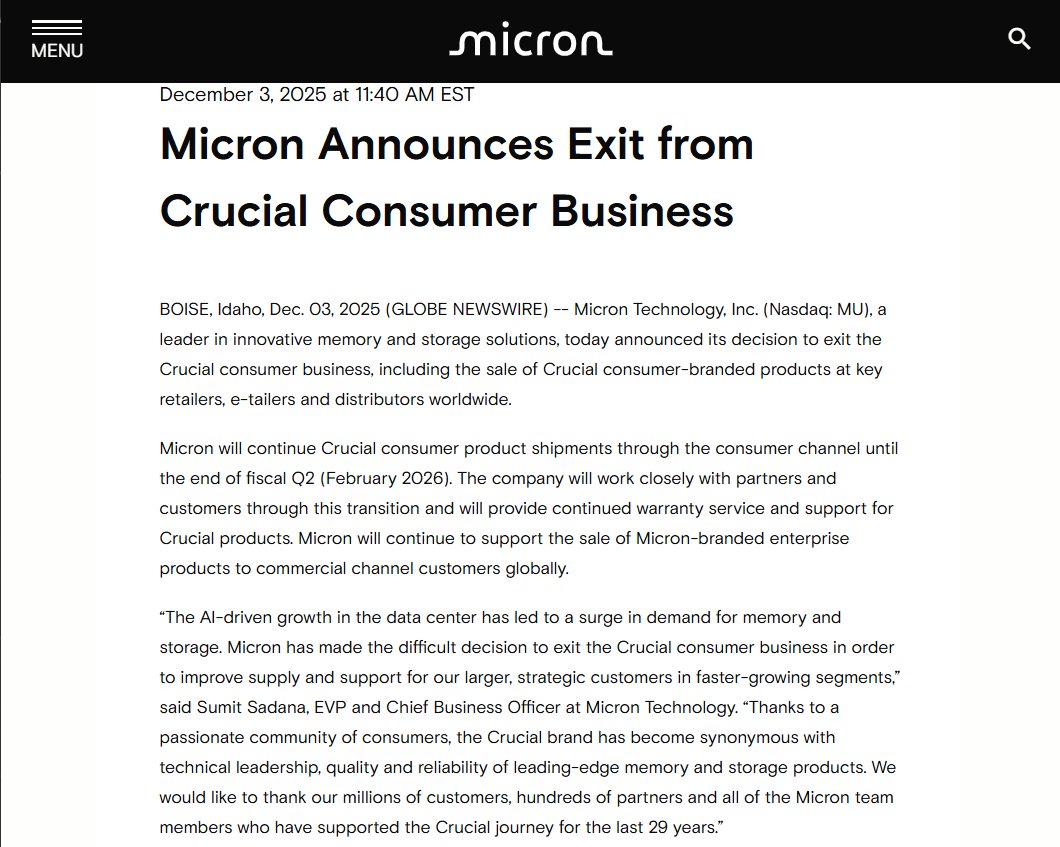 hardwarecanucks's tweet image. This is bad, bad news.  

Especially since Crucial is the biggest avenue for retail-facing SODIMM upgrade modules (on Amazon, Newegg, etc).