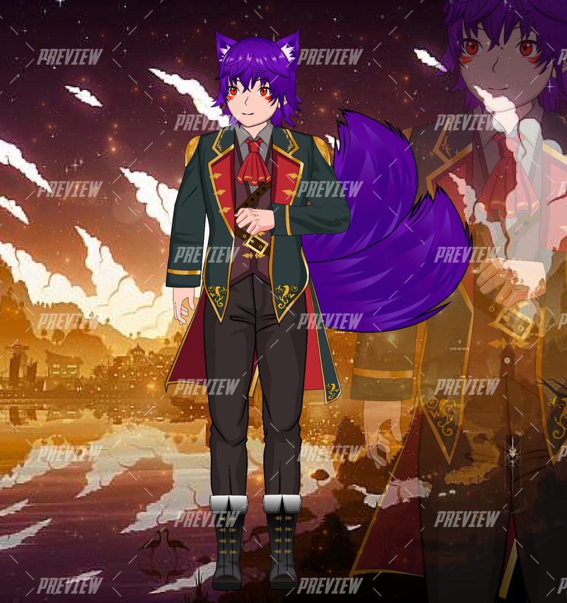 Elvira2VT's tweet image. Dripped in elegance with a fiery edge. This regal fox-inspired character blends deep royal tones, intricate gold embroidery, and a bold purple flair that demands attention. Perfect for a mysterious yet classy persona  
#CharacterDesign
 #VTuberModel 
#OCDesign 
#AnimeStyle