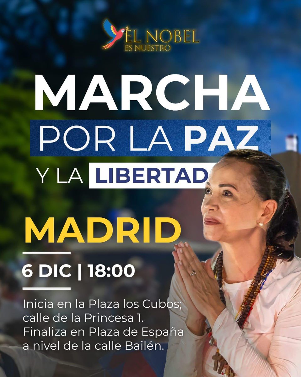 Este sábado 06 
en más de 100 ciudades en 28 países los venezolanos y todos quienes han hecho suya nuestra causa por la libertad marchamos por la paz.
Aquí las ciudades con convocatorias confirmadas.
elnobelesnuestro.com