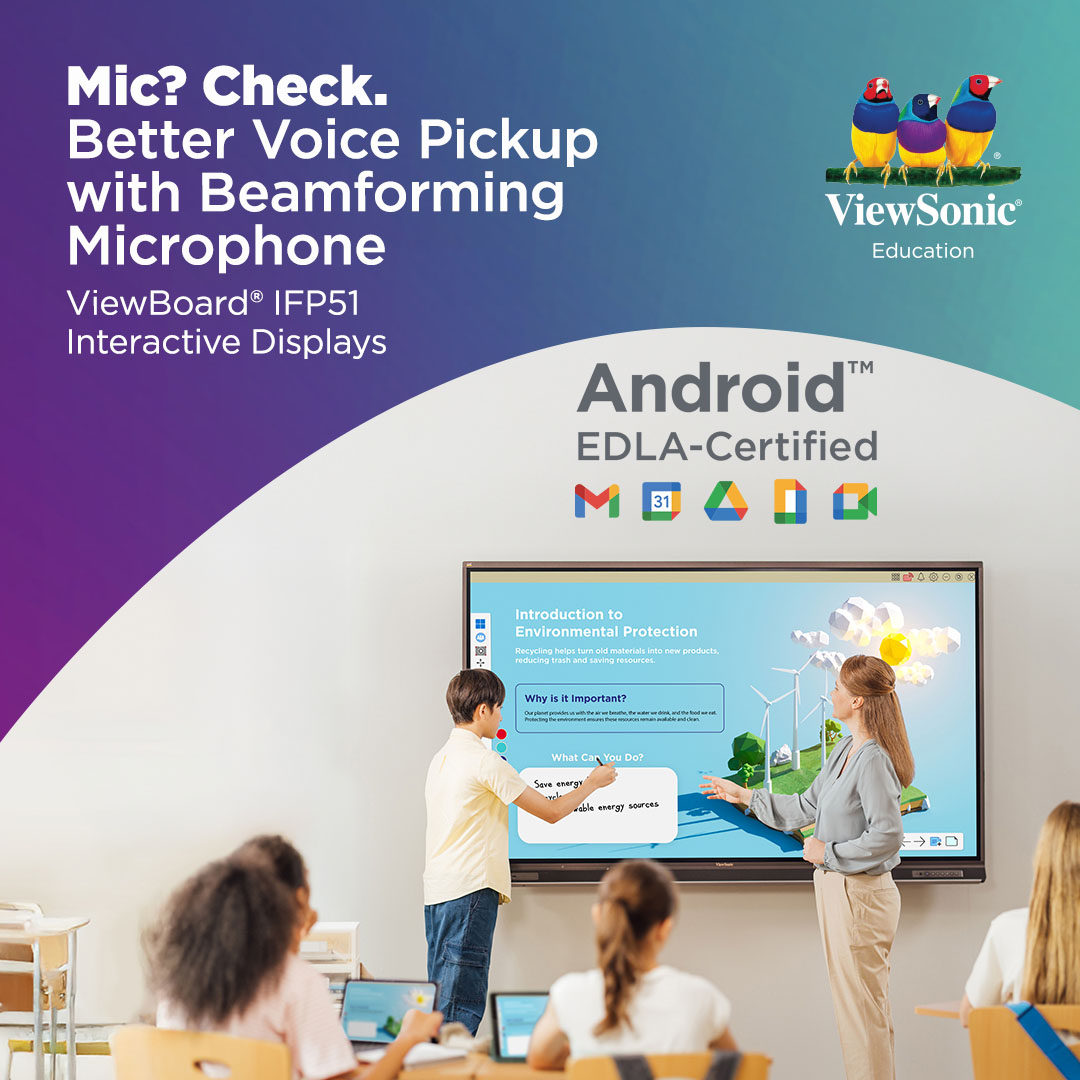 ViewSonicEDU_US's tweet image. Hybrid learning? Recording lessons? We&apos;ve got your sound covered!
 
Enhanced features based on teachers’ input make the ViewBoard IFP51 a smarter choice for today’s classrooms. Its advanced 8-array microphone ensures your voice comes through crystal clear, whether you’re teaching…