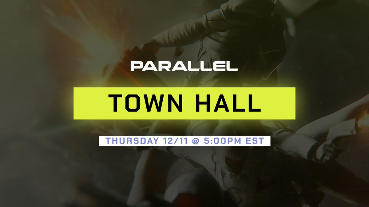 ParallelTCG's tweet image. COMMUNITY TOWN HALL

Join us on Thursday, December 11 at 5:00pm EST in our Discord server for the next community Town Hall. This one will cover the TCG, @ParallelColony, and some other studio-wide updates. See you there!  

INVITE: discord.com/invite/paralle…