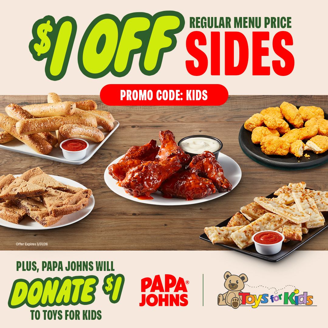 SEAPapaJohns's tweet image. Papa Johns Puget Sound is proud to continue our partnership with @TFKSeattle, now celebrating a full decade of supporting local children. 

Save $1 on any side, and we’ll donate $1 to Toys for Kids with promo code 𝐊𝐈𝐃𝐒. 🧸

#PapaJohnsPugetSound #ToysForKids #10YearsStrong
