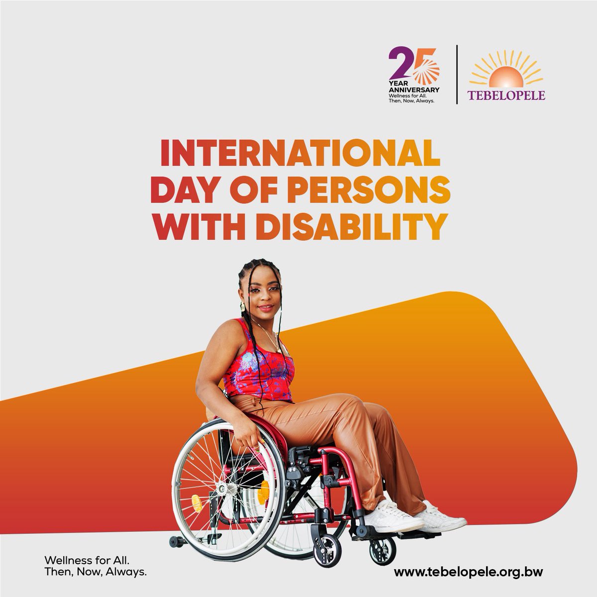 Today we commemorate the International Day of Persons with Disabilities. 

We celebrate resilience, amplify voices, and advocate for a world where everyone has equal access, dignity and opportunity.

Wellness for All. Then, Now, Always. 

#TebelopeleForYou
#TWC25
#Diversity