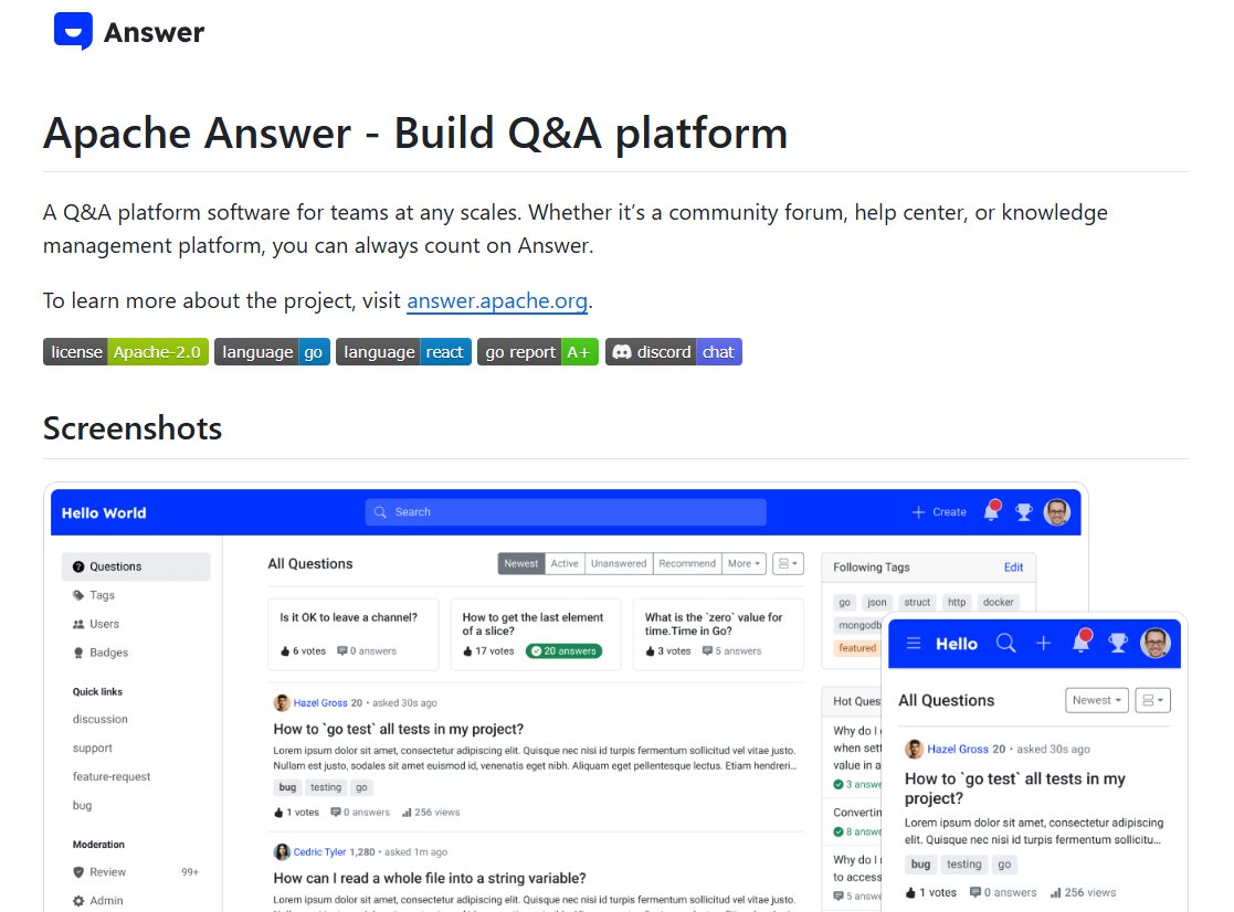 NeuralNetwork_X's tweet image. Apache Answer - Build Q&amp;amp;A platform

A Q&amp;amp;A platform software for teams at any scales