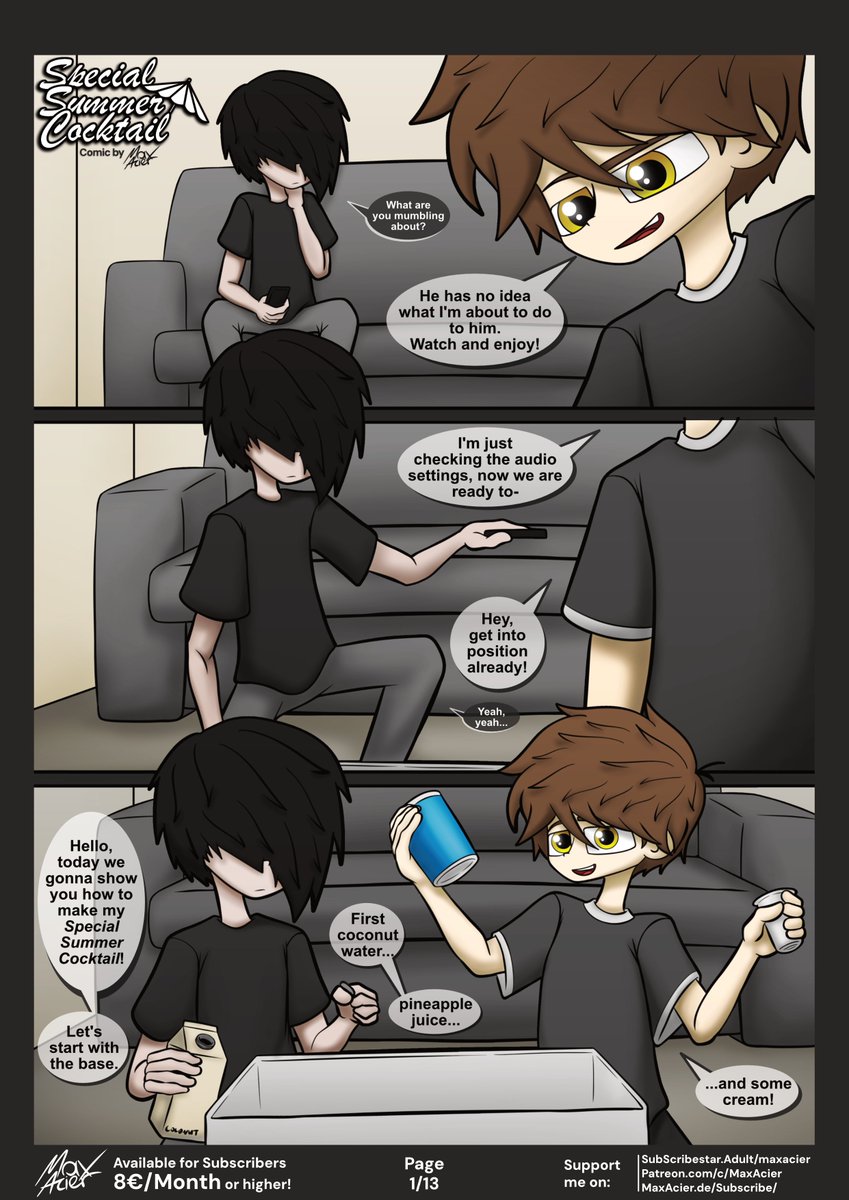 MaxAcier2's tweet photo. "Special Summer Cocktail" 
Pages 1&amp;2 / 13

As I said, I would post something special for the Milestone, so I'm going to post my 2nd muscle growth Comic over this month ^^ https://t.co/riiePGeTpz