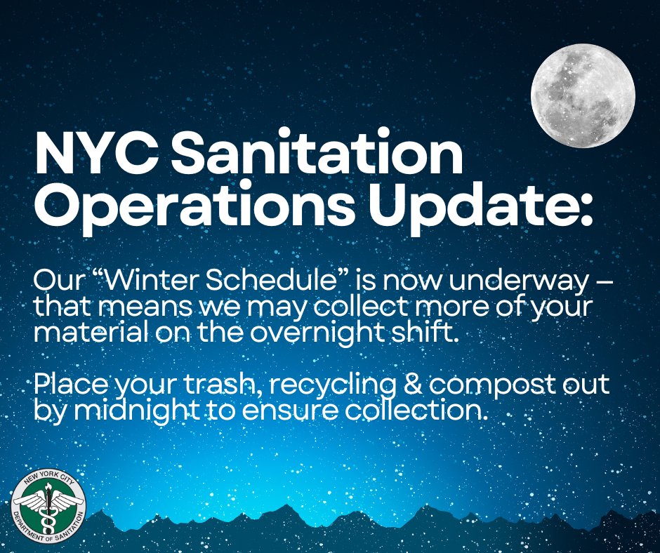 NYCSanitation's tweet image. Snow season reminder!

We are now in our "winter schedule" to allow for better nighttime snow response. When it's not snowing, our Workers are collecting more of your material on the overnight shift.

Make sure you put your trash/recycling/compost out by midnight before your…
