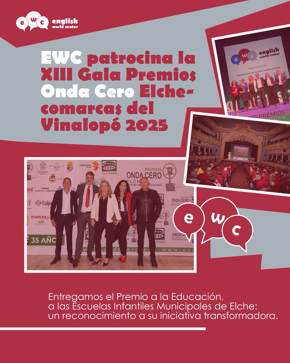 🎙️ EWC patrocinó la XIII Gala Premios Onda Cero Elche–Comarcas del Vinalopó 2025.

En noviembre entregamos el Premio a la Educación a las personas fundadoras de las Escuelas Infantiles Municipales de Elche, reconociendo su labor y compromiso. 👏📚

#EWC #PremiosOndaCero #Elche