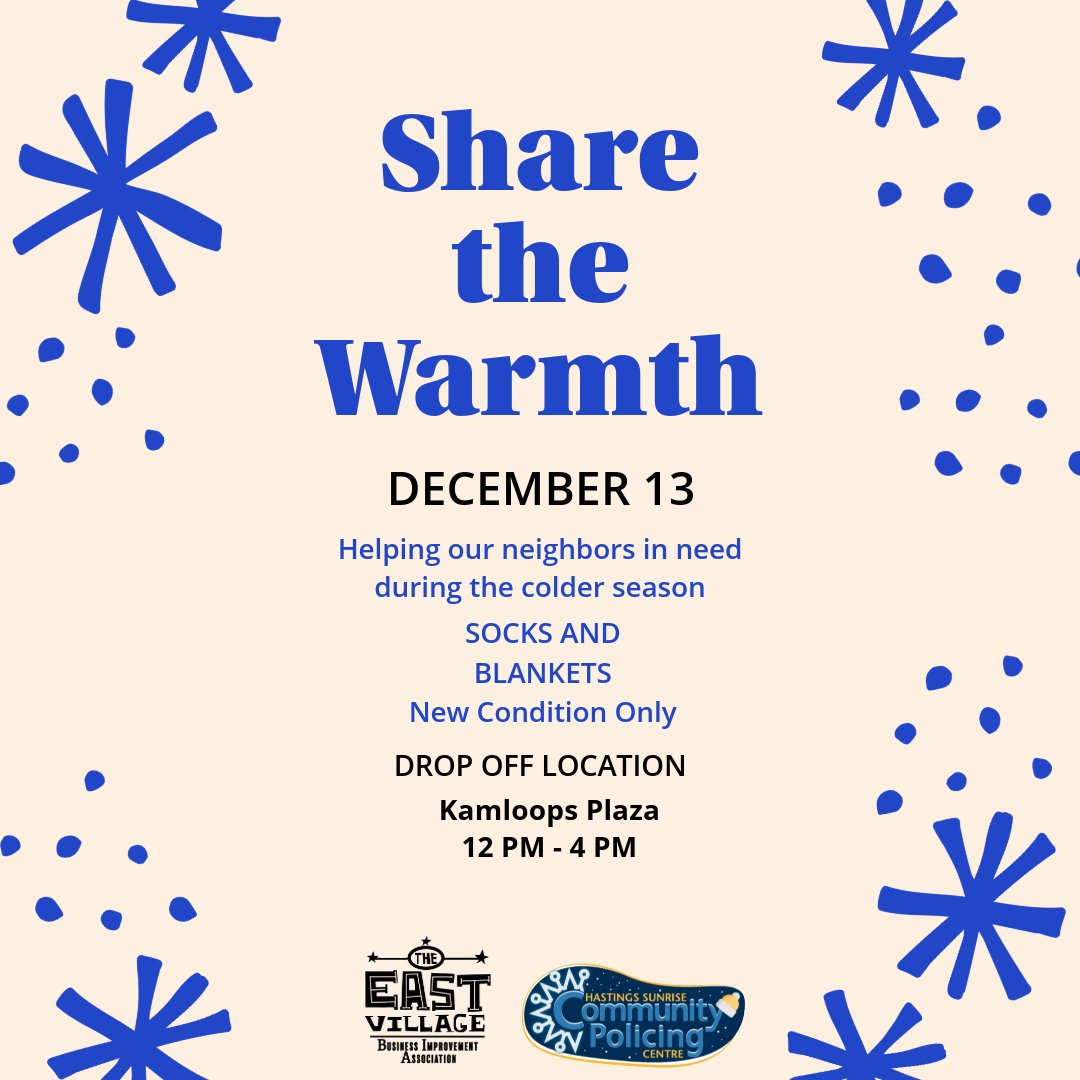 Join us and <a href="/eastvillagevan/">East Village BIA</a> for a holiday event in the Kamloops Plaza on Saturday, Dec 13 🎅
There'll be free photos with Santa, music &amp; hot chocolate!
We are also collecting new socks and blankets which will be handed out by our Sunrise Safety Team to folks in need this winter❤️