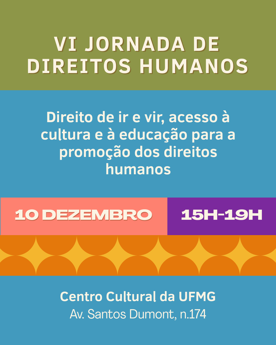 🌈6ª Jornada de Direitos Humanos da UFMG discute direito de ir e vir e acesso à cultura e à educação.

⏩Confira a programação: ufmg.br/proex/noticia/…

#ExtensaoUFMG